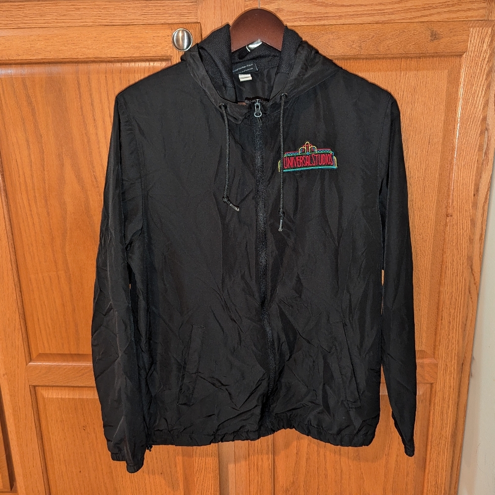 Vintage 90s universal studios Windbreaker hooded full zip Men size Small S Black